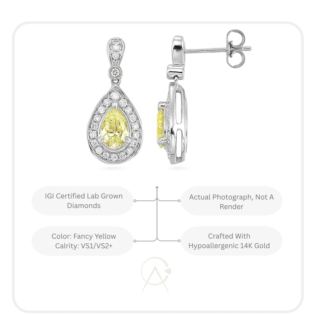 Yellow Pear Halo Drop Earrings in 14K Gold  [2.40 Ct. Tw.]