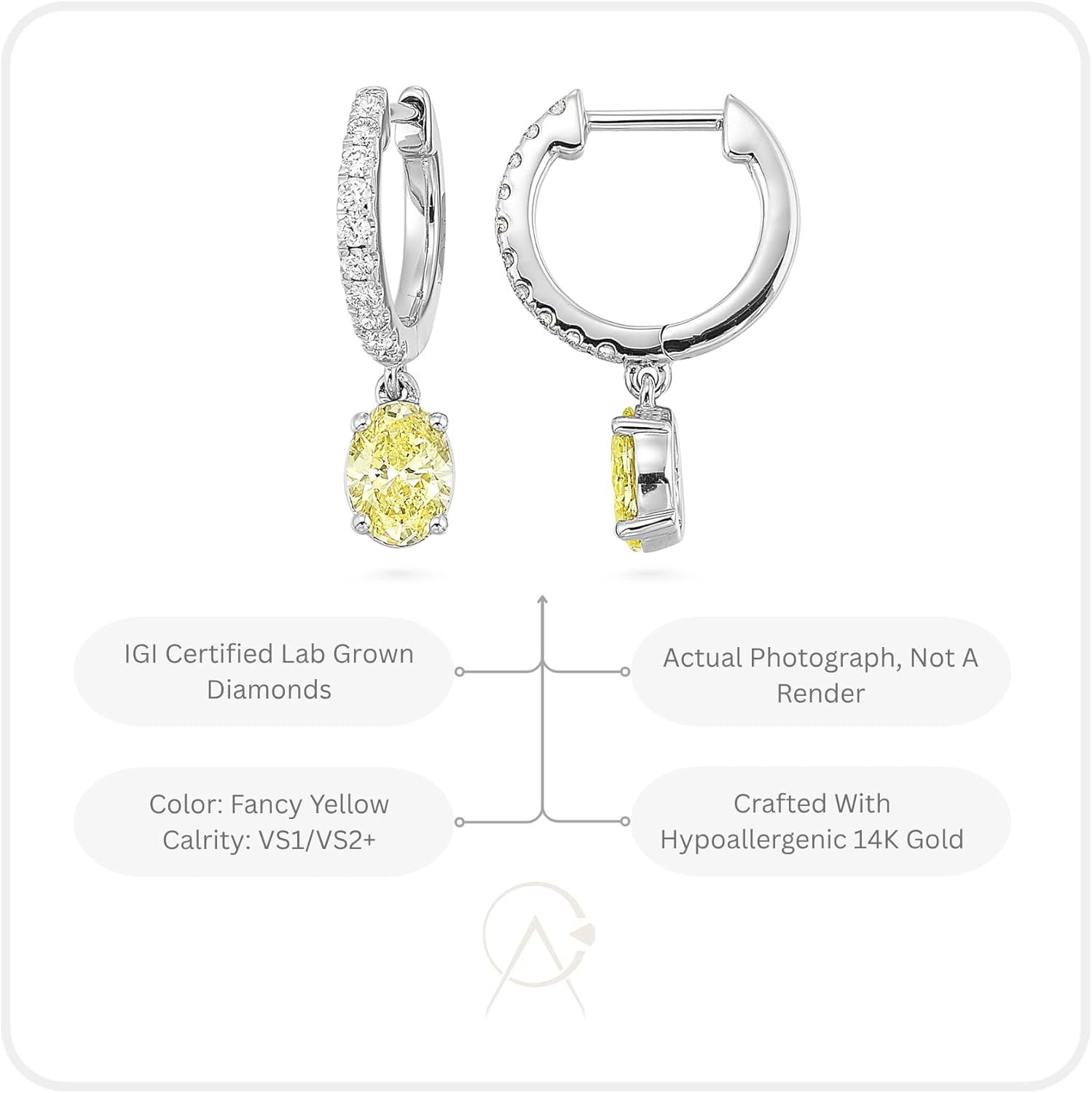 IGI Certified 1 1/4 Carat Lab Grown Diamond Hoop Earrings for Women I 14k White Gold Huggie Earrings for Her (G-H, VS1-VS2, 1.28 cttw) Yellow Diamond Dangling Charm I Hinged Hoops