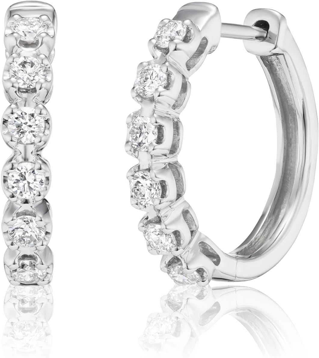 Lab Grown Diamond Huggie Hoop Earrings for Women I 10k White Gold Earrings for Her I IGI Certified 1/3 to 1/2 Carat Diamonds (I-J, SI1-SI2, cttw) Hinged Hoops