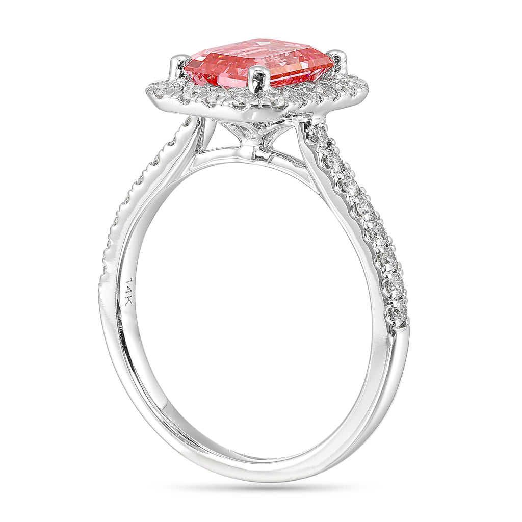 IGI Certified Red Emerald Cut Lab Grown Diamond Halo Ring [2.50 Ct. Tw]