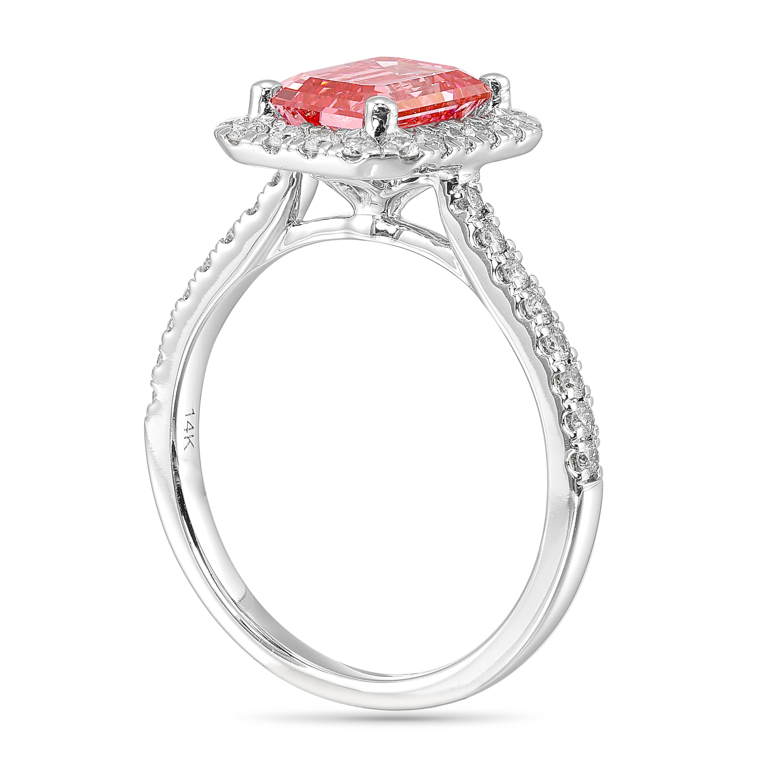 IGI Certified Red Emerald Cut Lab Grown Diamond Halo Ring [2.50 Ct. Tw]