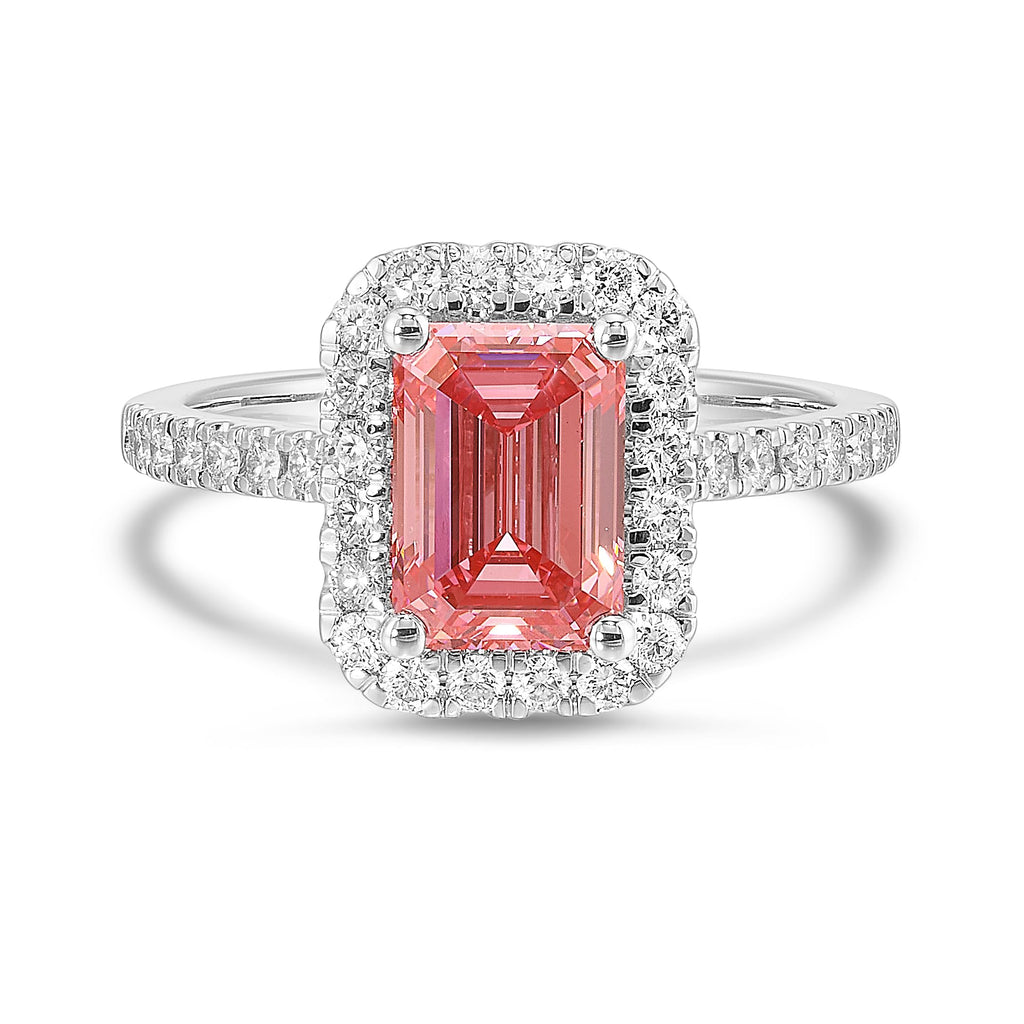 IGI Certified Red Emerald Cut Lab Grown Diamond Halo Ring [2.50 Ct. Tw]
