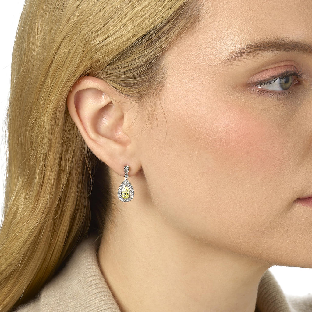 Yellow Pear Halo Drop Earrings in 14K Gold  [2.40 Ct. Tw.]